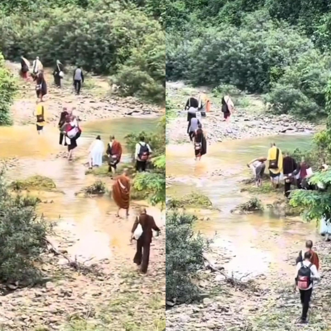 ''Sư Thích Minh Tuệ'' di chuyển băng qua suối, đi đường rừng để tránh tập trung đông người