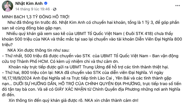 Bị truy vấn không tìm thấy sao kê 1,3 tỷ đồng ủng hộ đồng bào lũ lụt, Nhật Kim Anh liền lên tiếng, tiết lộ rõ ràng về khoản tiền!- Ảnh 2.