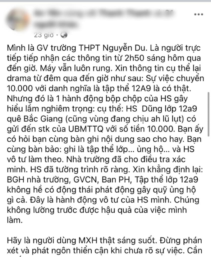 Giáo viên của 1 trường THPT bỗng bị "ném đá" ăn chặn tiền từ thiện bão lũ: Sự thật khiến CĐM rối rít xin lỗi!