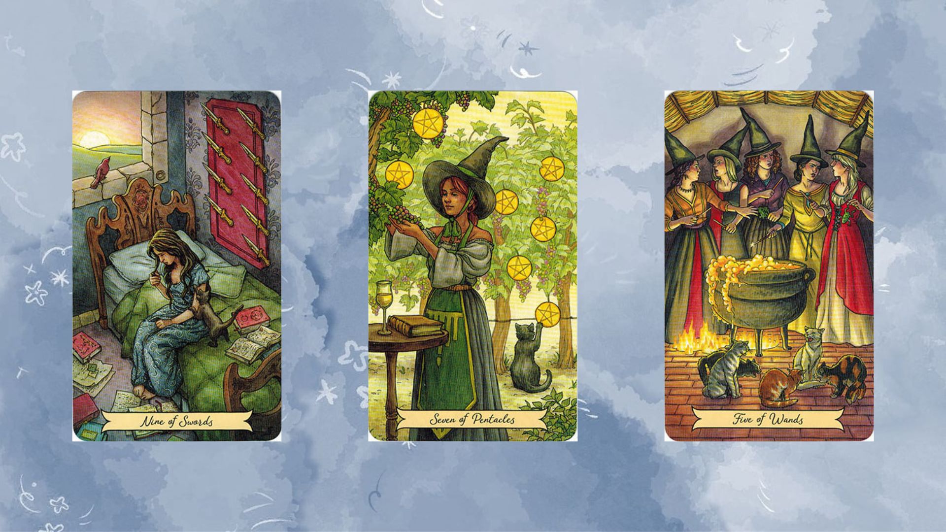 trải bài tarot Nine of Swords – Seven of Pentacles – Five of Wands