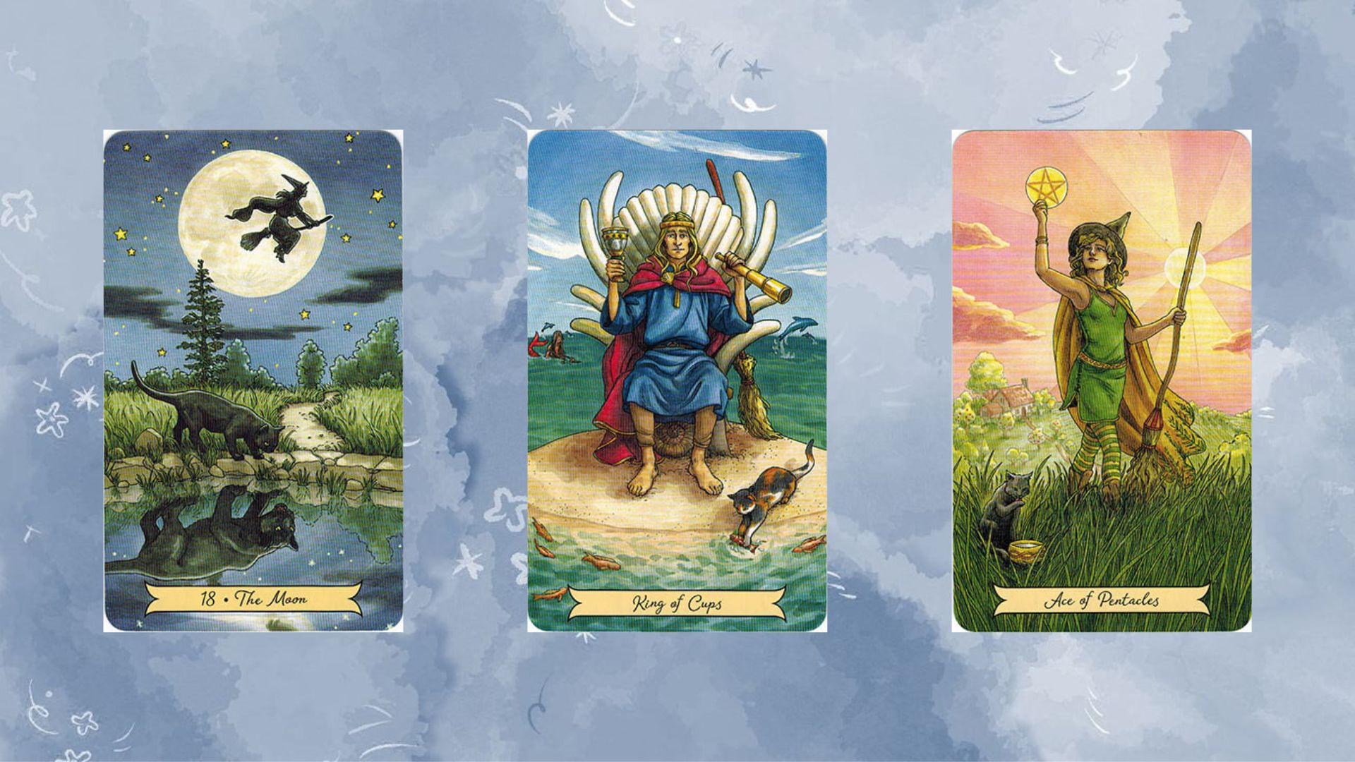 trải bài tarot gồm các lá bài The Moon – King of Cups – Ace of Pentacles