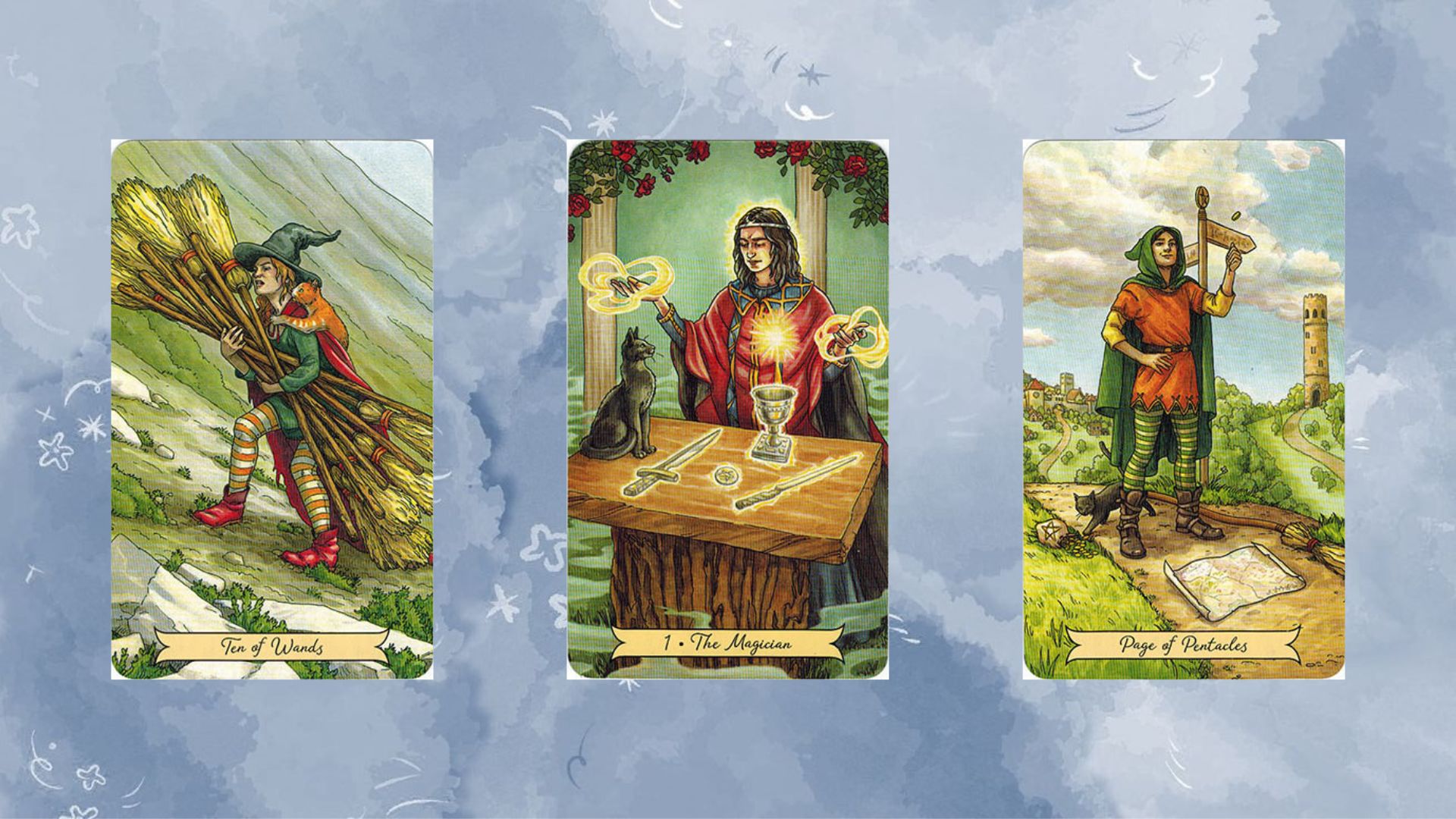 trải bài Ten of Wands – The Magician – Page of Pentacles