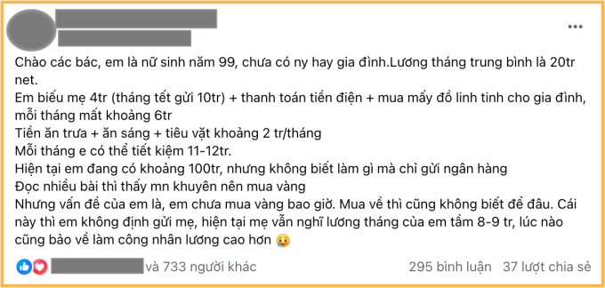 Bảng chi tiêu đáng nể của cô bạn kiếm 20 triệu/tháng, tiết kiệm được hơn một nửa, dư tiền đem đi mua vàng