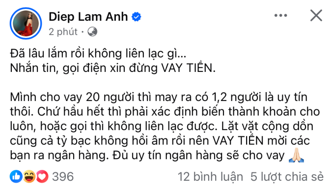 Diệp Lâm Anh bất ngờ đăng đàn bày tỏ bức xúc khi vướng vào chuyện cho vay