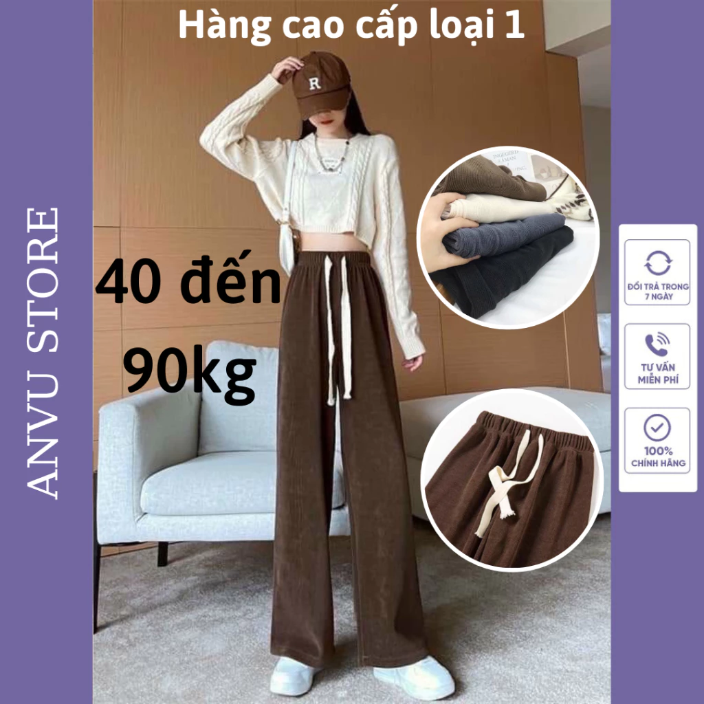 Quần nỉ nhung tăm ống rộng dây rút cạp cao dáng suông loại đẹp có bigsize nữ phong cách ulzzang hàn quốc